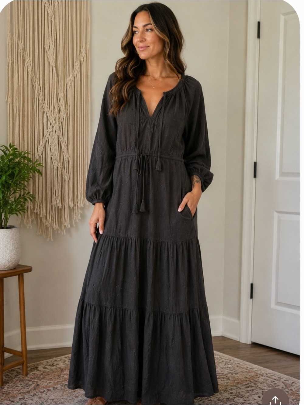 Women’s gray Long Sleeve Tiered Midi Dress